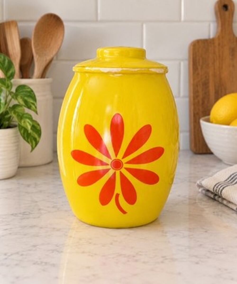 Vtg MCM Bartlett Collins Bright Yellow With Orange Daisy Glass Cookie Jar